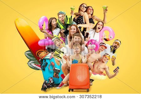 Young Peoples Half-length Portrait Isolated On Yellow Studio Background. Smiling Friends In Caps Wit