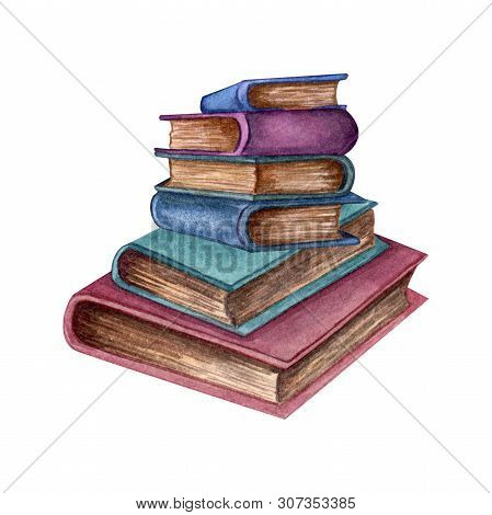 Watercolor Illustration Of Old Books. Original Hand Drawn Old Closed School Books Isilated On White 
