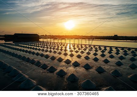 Beautiful Landscape At Sunset Salt Farming. Sea-salt Production In The Country, Sunset In Salt Farmi