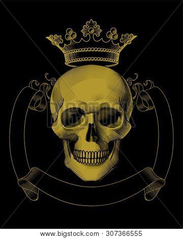 Gothic coat of arms with skull. Vintage label of human skull full face. Vintage engraving stylized drawing. 