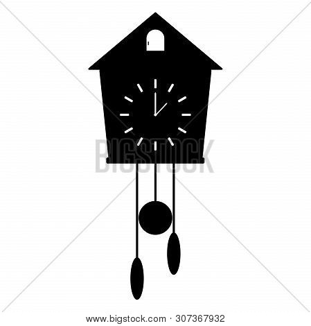 Vector Icon Of Black Clock With Cuckoo On White Background. Home Appliances