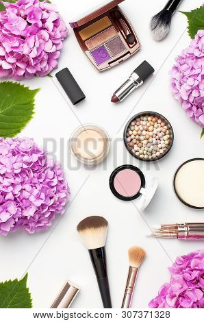 Set Of Decorative Cosmetics Mascara Powder Lipstick Eyeshadow Blush Makeup Brush Pink Hydrangea Flow
