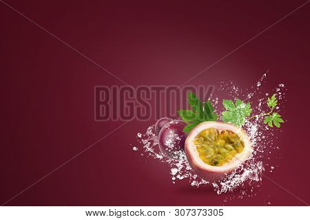 Water Splashing On Fresh Passionfruit On Red Background.