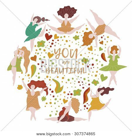 Body Positive Cheerful Girls Dancing. Happy Plus Size Womens Charakters Circle Banner With Leaf And 