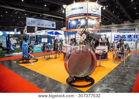 Bangkok, Thailand - June 6, 2019: Large Butterfly Valve Handwheel Operated Display In Pumps And Valv
