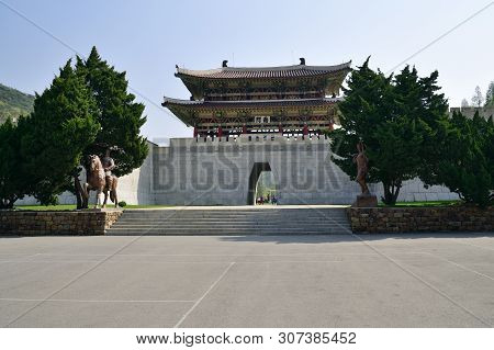 Pyongyang, North Korea - May 1, 2019: Gate In Taesongsan Park. Built In Tradition Koguryo Style. The