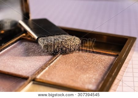 Highlighter With The Brush On Notebook Page Background, Light School Makeup Concept - Image