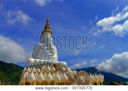Front Of Five White Buddha With Sky At Wat Pha Sorn Kaew, Khao Kho, Phetchabun, Thailand.