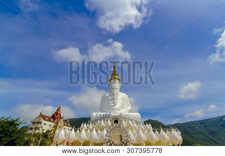 Front Of Five White Buddha With Sky At Wat Pha Sorn Kaew, Khao Kho, Phetchabun, Thailand.