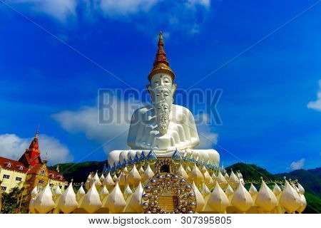 Front Of Five White Buddha With Sky At Wat Pha Sorn Kaew, Khao Kho, Phetchabun, Thailand.