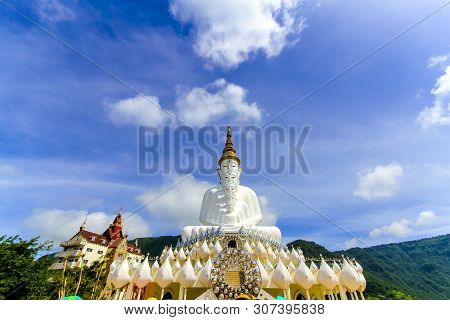 Front Of Five White Buddha With Sky At Wat Pha Sorn Kaew, Khao Kho, Phetchabun, Thailand.