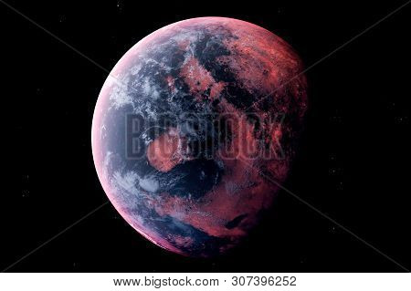 Realistic Alien Planet In The Outer Space, 3d Rendering.