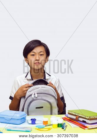 Portrait Classman Schoolboy Study Book Asian Boy Lesson School Briefcase Backpack Pencil Yellow Gree
