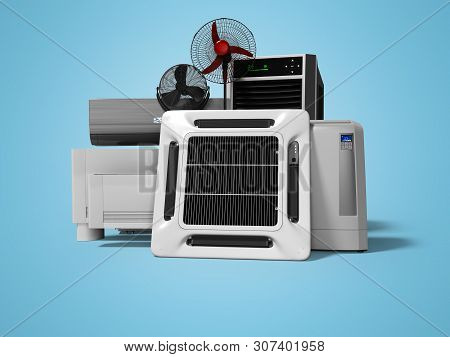 Concept Group Of Equipment For Cooling And Air Conditioning Of Large Rooms 3d Render On Blue Backgro