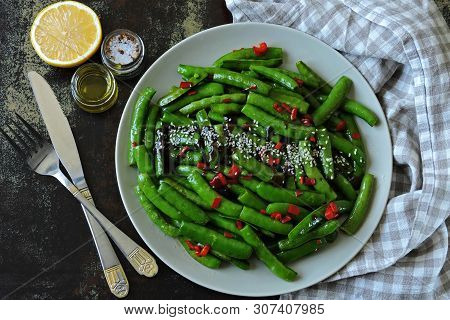 Green Peas With Chili And Sesame. Vegan Plate. Dietary Food.
