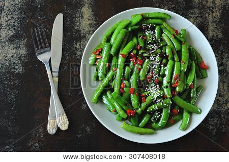Green Peas With Chili And Sesame. Vegan Plate. Dietary Food.