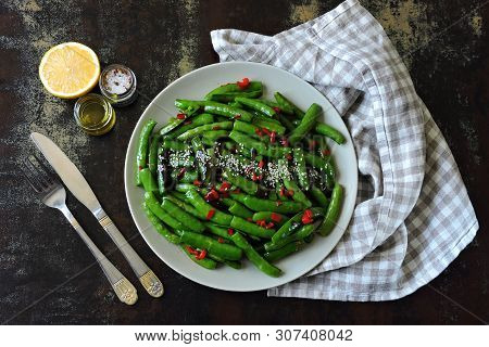 Green Peas With Chili And Sesame. Vegan Plate. Dietary Food.