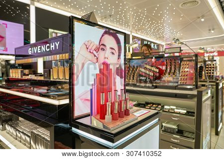 HONG KONG, CHINA - CIRCA APRIL, 2019: cosmetics on display in Hong Kong International Airport Duty Free area.