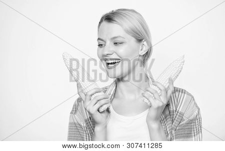Maize Production. Farming, Farmer Girl With Maize. Happy Woman Eating Corn. Vegetable Harvest. Healt