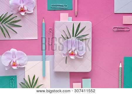 Floral Paper Background In Pink And Mint Colors. Orchid Flowers On Geometric Background With Copy-sp