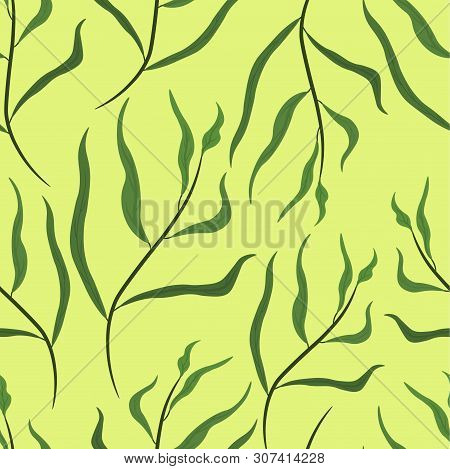 Seamless Pattern Of Tropical Branches. Vector Illustration On Green Background.