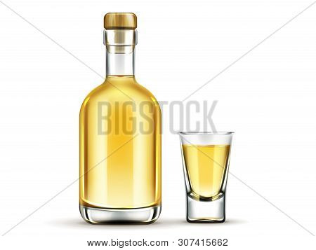 Tequila Bottle And Shot Glass With Gold Liquid Mock Up, Mexican Alcohol Drink Flask With Cork Isolat