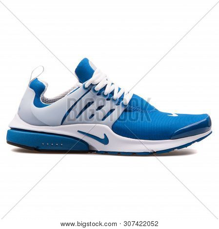 Vienna, Austria - August 25, 2017: Nike Air Presto Qs Blue And White Sneaker On White Background.