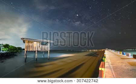 Old Wooden House, No Longer Living In The Sea, No Way Up The House Taken With The Milky Way As The B