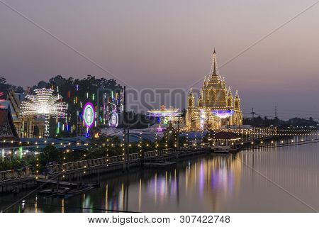 Buddhist Ceremonies, Temples, Evening Lighting And Decorative Lights At Buddhist Temples