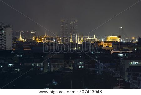 The Capital City Of Thailand Is Decorated With Bright Lights At Night. Visible From A Distance