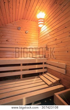 Sauna Wooden Bath Steam Room Hot Healthy Life, Empty Interior