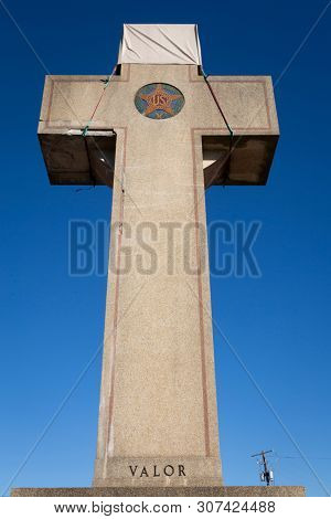 2019 BLADENSBURG MARYLAND USA FEB 25 Peace Cross: Low angle view of the Bladensburg World War I Memorial commissioned by the American Legion, built in 1919-1925 at a 3-way junction on Bladensburg Rd.