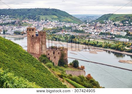 View From A Tourist Route On Hessen Land To The Ruine Burg Ehrenfels On The River Rhine With Bingen 