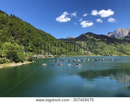 Boats On Alpine Lake Wagitalersee Or Waegitalersee, Innerthal - Canton Of Schwyz, Switzerland