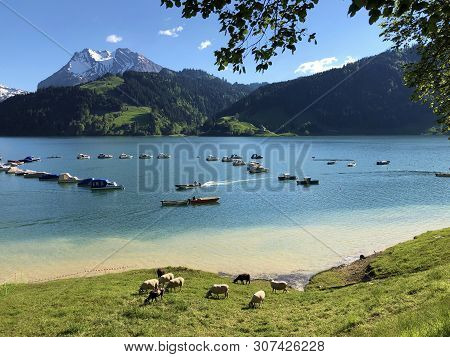 Boats On Alpine Lake Wagitalersee Or Waegitalersee, Innerthal - Canton Of Schwyz, Switzerland