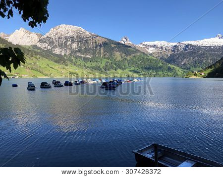 Boats On Alpine Lake Wagitalersee Or Waegitalersee, Innerthal - Canton Of Schwyz, Switzerland