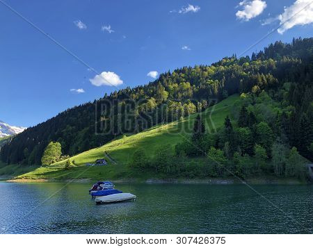 Boats On Alpine Lake Wagitalersee Or Waegitalersee, Innerthal - Canton Of Schwyz, Switzerland