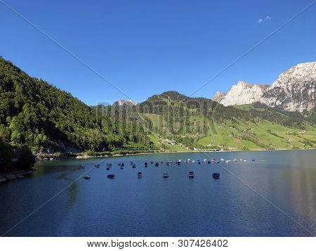 Boats On Alpine Lake Wagitalersee Or Waegitalersee, Innerthal - Canton Of Schwyz, Switzerland