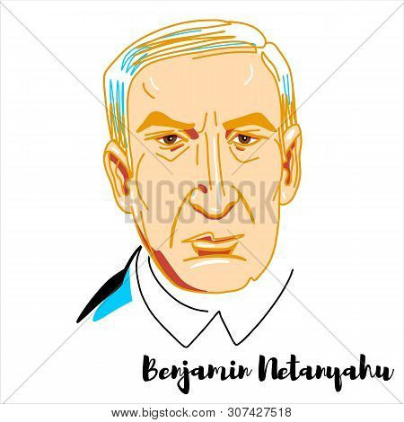 Benjamin Netanyahu Engraved Vector Portrait With Ink Contours. Israeli Politician Serving As The 9th