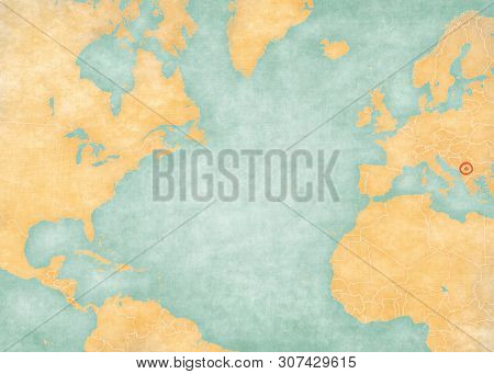 Kosovo On The Map Of North Atlantic Ocean In Soft Grunge And Vintage Style, Like Old Paper With Wate