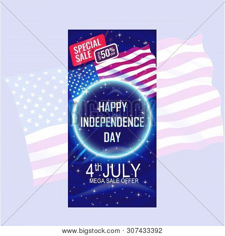 Fourth Of July Independence Day Banner With Usa Flag Waving And Blue Star Pattern Background.
