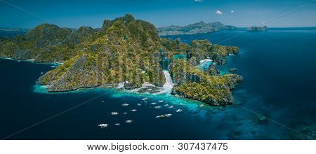 Palawan, Philippines Aerial Panorama Natural Scenery Of Tropical Miniloc Island With Big And Small L