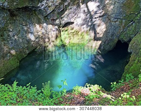 The Cave And The Source Hundsloch By The Alpine Lake Wagitalersee Or Waegitalersee, Innerthal - Cant