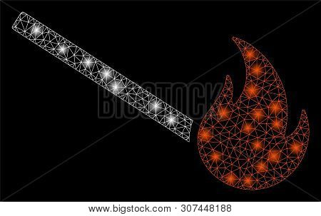 Bright Mesh Fired Match With Glitter Effect. Abstract Illuminated Model Of Fired Match Icon. Shiny W