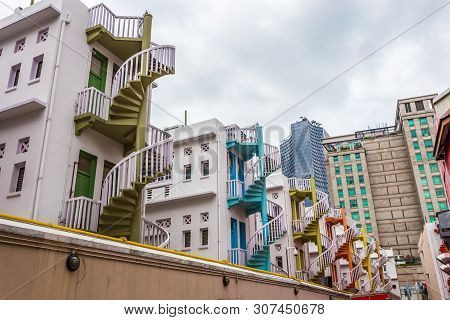 Colorful Spiral Stairs And Colorful Urban Of Singapore's Bugis Village. Is A Landmark Of Tourists