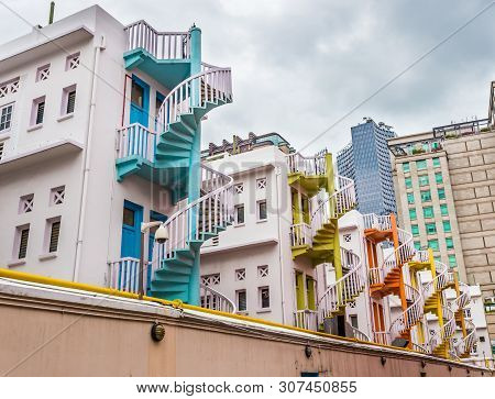 Colorful Spiral Stairs And Colorful Urban Of Singapore's Bugis Village. Is A Landmark Of Tourists