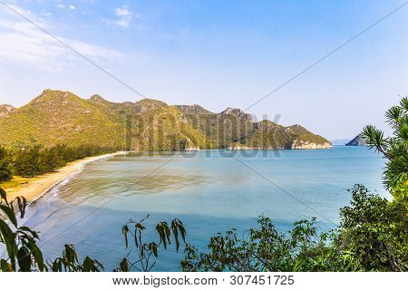Panorama Landscape Of Tropical Island Beach With Mountain And Blue Sky Background At Prachuap Khiri