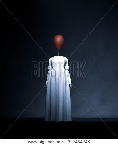 Headless Ghost Woman In White With Red Balloon,3d Rendering