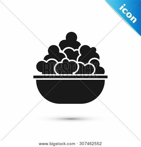 Black Popcorn In Bowl Icon Isolated On White Background. Popcorn Bucket Box. Vector Illustration