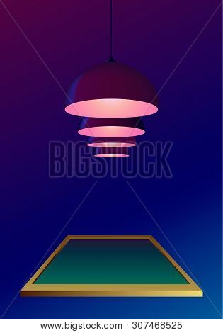 Ceiling Lamps Or Bulbs Hang And Shine Over A Pool Table In Realistic Style. Dark Blue Background. Po